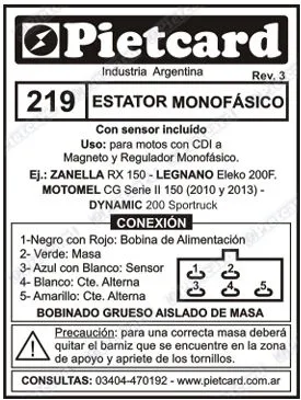 ESTATOR PIETCARD 219 MOTOMEL CG150 S2/RX 150 8 POLOS