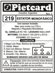 ESTATOR PIETCARD 219 MOTOMEL CG150 S2/RX 150 8 POLOS