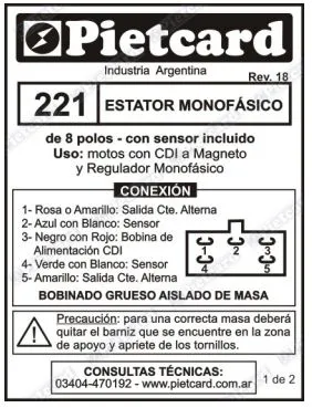 ESTATOR PIETCARD 221 ZANELLA/CORVEN/CERRO/MOTOMEL 150 8 POLOS