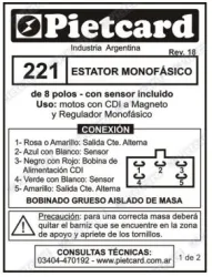 ESTATOR PIETCARD 221 ZANELLA/CORVEN/CERRO/MOTOMEL 150 8 POLOS