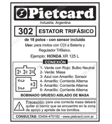 ESTATOR PIETCARD 302 TRIFASICO HONDA XR 125L 18 POLOS