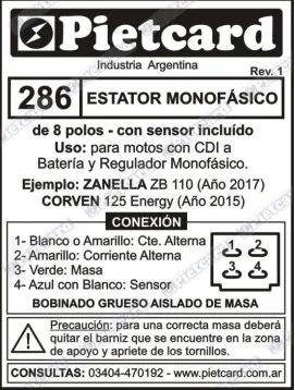 ESTATOR PIETCARD 286 MONOFASICO 8 POLOS ZB 110/ENERGY 125