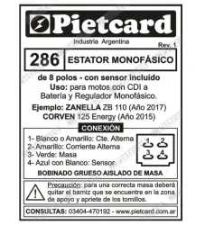 ESTATOR PIETCARD 286 MONOFASICO 8 POLOS ZB 110/ENERGY 125