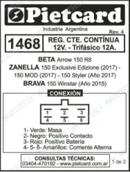 REGULADOR PIETCARD 1468 CTE. CONTINUA 12V TRIFA. 12A BETA ARROW 150