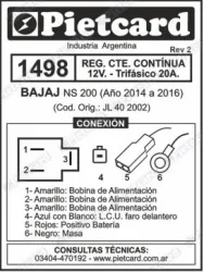 REGULADOR PIETCARD 1498 CTE. CONTINUA 12V TRIF. 20A ROUSER NS 200