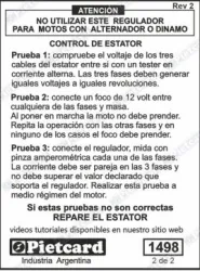 REGULADOR PIETCARD 1498 CTE. CONTINUA 12V TRIF. 20A ROUSER NS 200