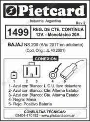 REGULADOR PIETCARD 1499 CTE. CONTINUA 12V MONOFA. 20A ROUSER  NS 200