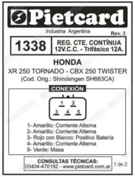 REGULADOR PIETCARD 1338 12V HONDA CBX 250 TWISTER/TORNADO