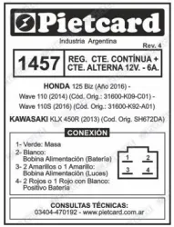 REGULADOR PIETCARD 1457 HONDA WAVE 110S/BIZ 125