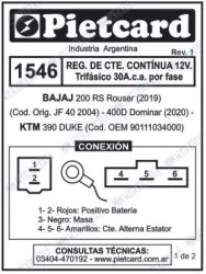 REGULADOR PIETCARD 1546 TRIFASICO 30A BAJAJ/KTM 200